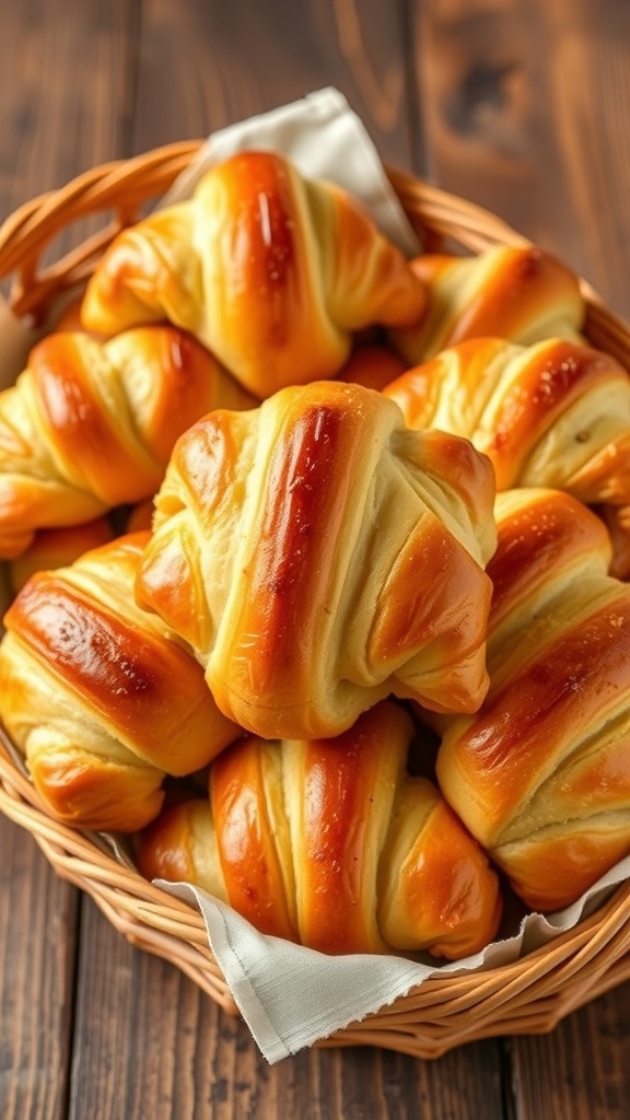 A basket of golden brown buttery crescent rolls, freshly baked and glistening with butter.